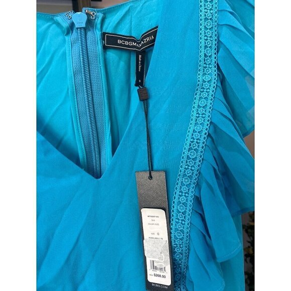 BCBGMAXAZRIA Pleated Ruffled Mini Dress Blue Womens Size 0 - Picture 9 of 10